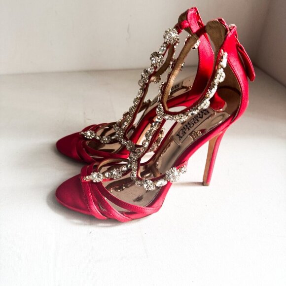 Badgley Mischka coral red satin rhinestone  cocktail heels shoes 5.5 - Picture 4 of 10